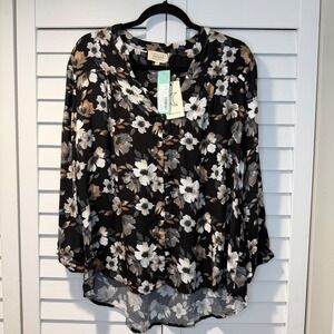 Crescent Healy Floral Button Down Top XL Black Stitch Fix Long Sleeve Blouse New